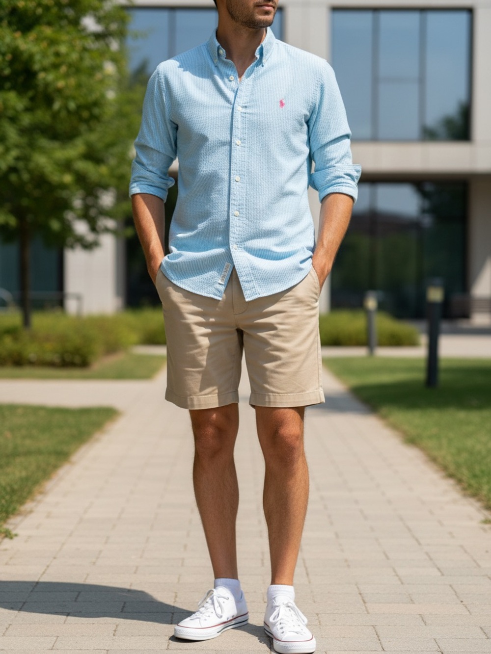Ralph Lauren Short-Sleeve Button-Down Seersucker Shirt. Blue&White stripe.